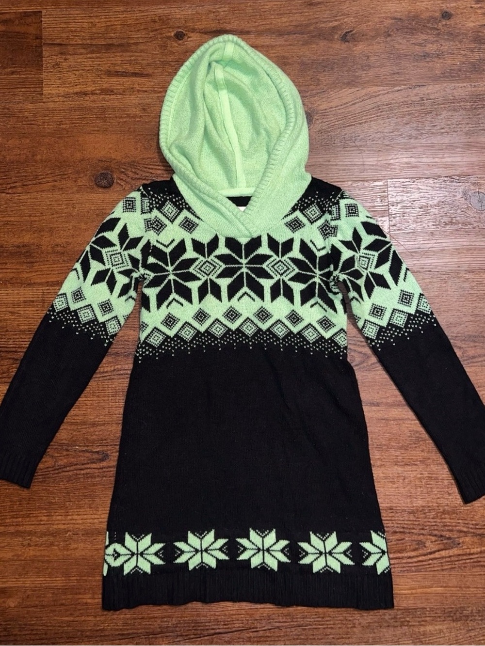 Justice Black Sparkly Green Fair Isle Snowflake Hooded Sweater Dress Size 14